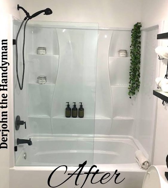 Bathtub surround Derjohn updated with new fixtures and glass panel